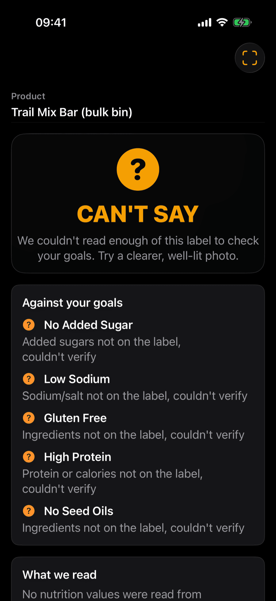 NutriGoalCheck result screen showing a Can't tell verdict because the label didn't provide enough information for that goal.